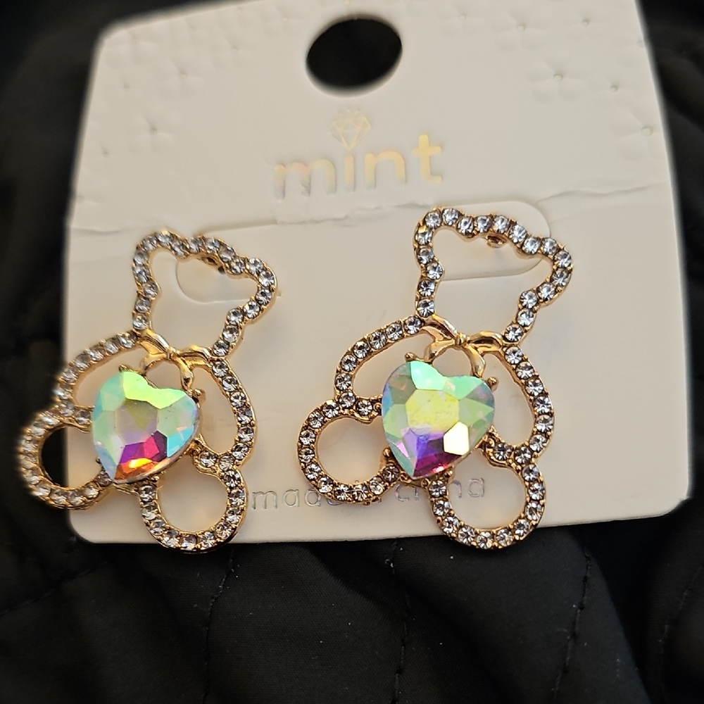 Mint Gold and Iridescent Bear Earrings